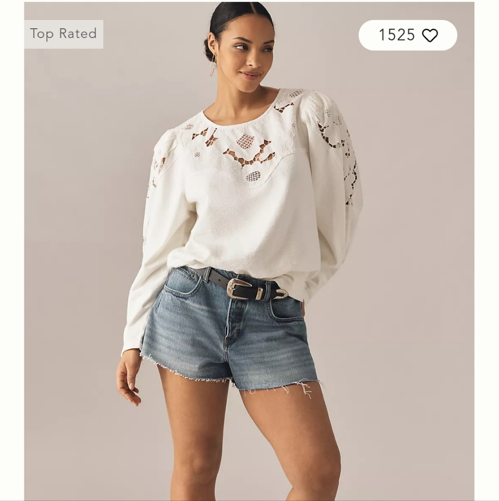 Anthropologie Lace Cutwork Mutton-Sleeve Top, Size Large - Picture 5 of 12
